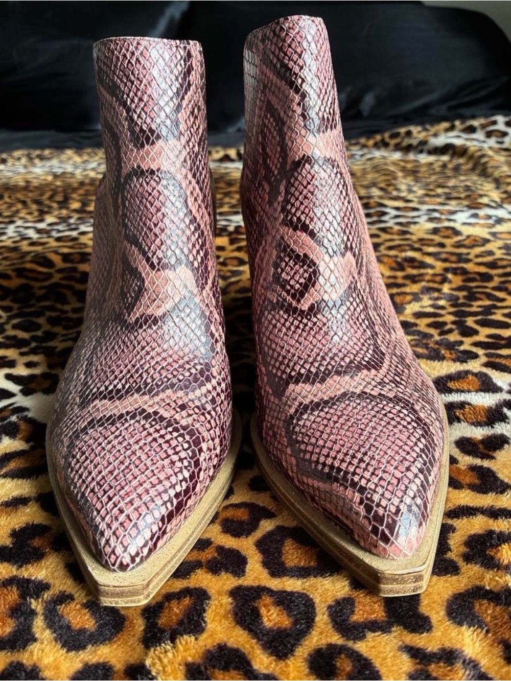 Vince Camuto Pink Snake-Print Pointed Toe Ankle Booties